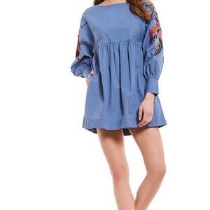 Free People blue mini obsessions dress, embroidered sleeves